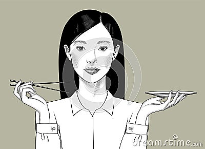 Oriental girl with long hair holds chopsticks and plate in her hands Vector Illustration