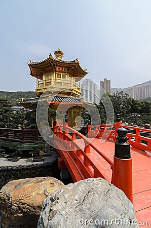 The oriental gold pavilion of absolute perfection in Nan Lian Garden Stock Photo
