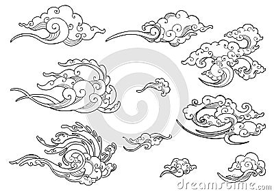 Oriental Japanese or Chinese cloud ornament doodle drawing collection set Stock Photo