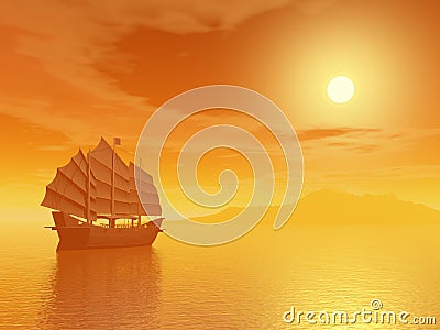 Oriental junk by sunset Stock Photo