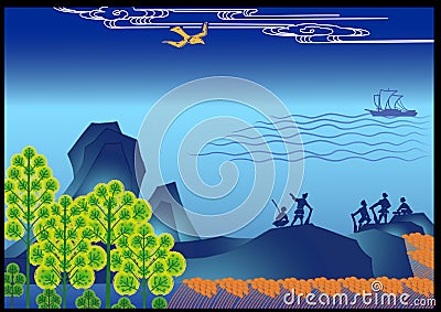 Oriental Landscape, Farmer Work Scene Stock Photo