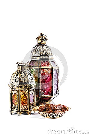 Oriental light lantern dates sweet food Ramadan kareem Eid mubarak Stock Photo