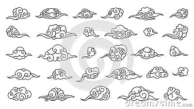 Oriental line clouds. Chinese Japanese Korean Asian outline ornamental pattern, curly decorative cloudy sky background Vector Illustration