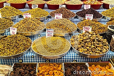 Oriental market stall with nuts and dried fruit. Editorial Stock Photo