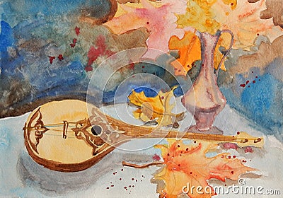 Oriental musical instrument lies on the table among the autumn maple leaves. watercolor painting Stock Photo