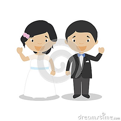 Oriental newlywed couple in cartoon style Vector illustration Vector Illustration