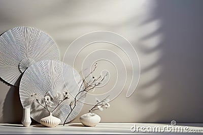 Oriental Paper Fans On Silver Table Minimal Asian Style, Empty Space. Generative AI Stock Photo