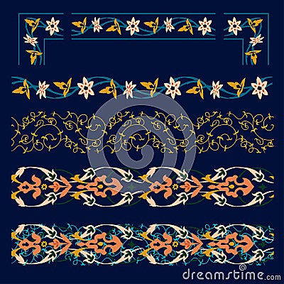 Oriental pattern border set. Samrkand, modern, art deco style. Vector seamless pattern. Vector Illustration