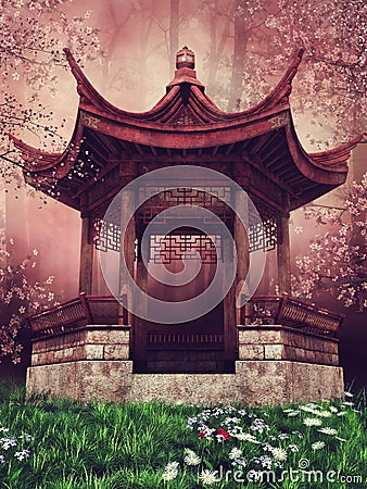 Oriental pavilion with flowers Stock Photo