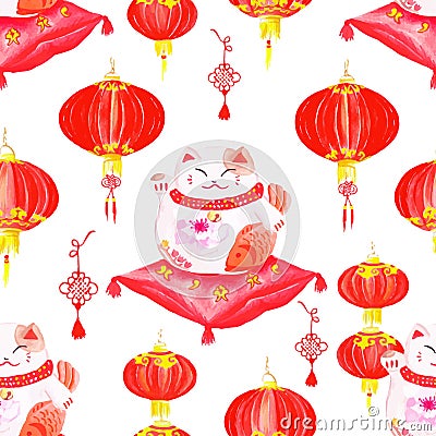 Oriental print with lanterns and lucky cats. Watercolor seamless Vector Illustration