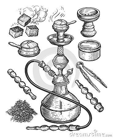 Oriental smoking hookah and set of accessories. Hand drawn nargile, shisha sketch isolated. Vintage illustration Cartoon Illustration