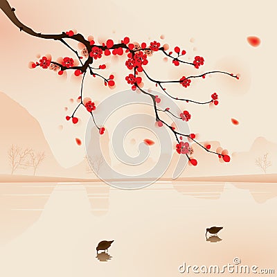 Oriental style painting, plum blossom in spring Vector Illustration