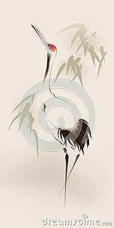 Oriental style painting, Red-crowned Crane Vector Illustration