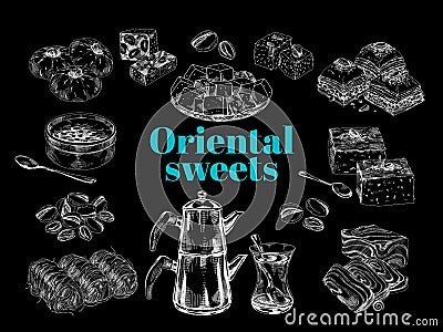 Oriental sweet desserts collection, retro hand drawn vector illustration. Vector Illustration