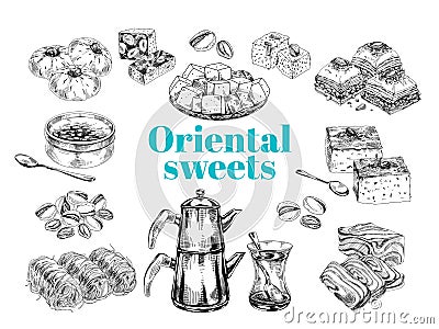 Oriental sweet desserts collection, retro hand drawn vector illustration. Vector Illustration