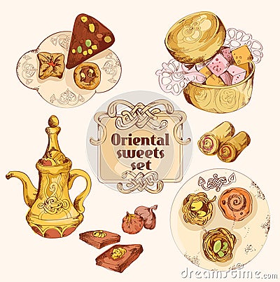 Oriental sweets colored set Vector Illustration