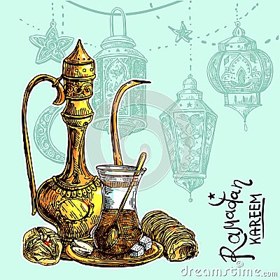 Oriental sweets and teapot. Vector Illustration