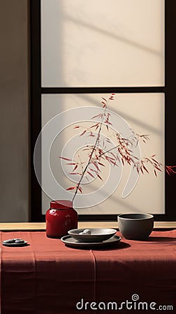 Oriental Table With Red Cloth And Bowl - Unreal Engine 5 Nature Study Stock Photo