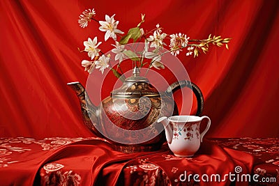 an oriental teapot with traditional asian motifs, set against a red silk backdrop Stock Photo