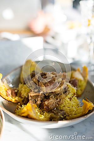 Oriental Traditional Saffron Rice with Lamb in Lavash Bread Crust, Shah Pilaf Stock Photo