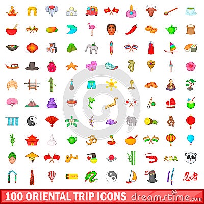 100 oriental trip icons set, cartoon style Vector Illustration