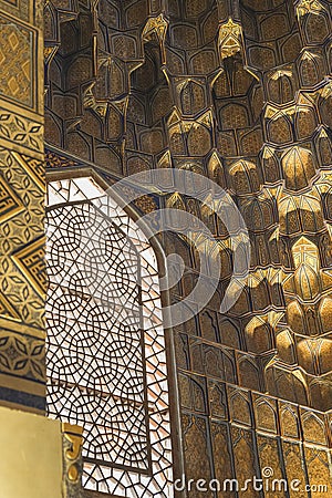 Oriental window with a pattern in Amir Temur Mausoleum Gur-i Amir Ð¡omplex Stock Photo