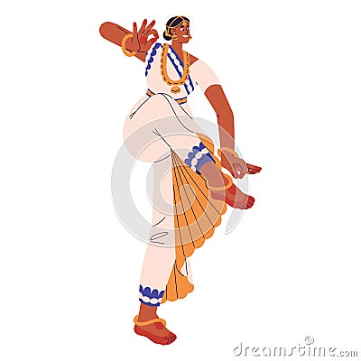 Oriental woman dancing traditional indian dance. Dancer perform in national costume. Performer standing in kuchipudi Vector Illustration