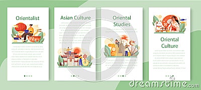 Orientalist mobile application banner set. Professional scientist researching Vector Illustration