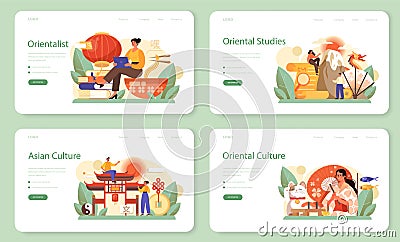 Orientalist web banner or landing page set. Professional scientist researching Vector Illustration