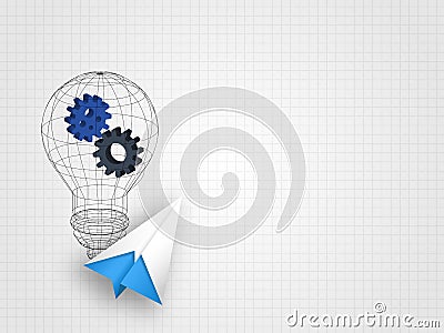 Origami airplane with wireframe lightbulb containing gears on grid background represent innovation and technology concept. Cartoon Illustration