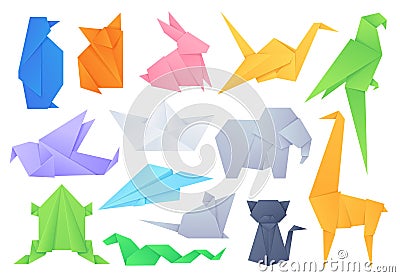 Origami animals. Geometric folded shapes for japanese game paper boat and plane, crane, birds, cat, elephant and rabbit Vector Illustration