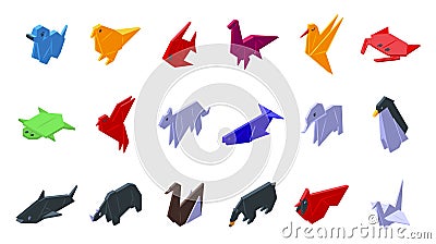 Origami animals icons set isometric vector. Paper polygon Vector Illustration