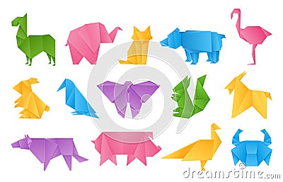 Origami animals. Paper toys, dragon ship elephant crane butterfly shape set, vector colored folding paper animals Vector Illustration