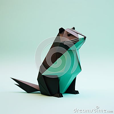 Origami Beaver: A Distinctive Character Design In Green, Black, And White Stock Photo