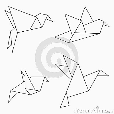 Origami bird collection. Set of line geometric shape for art of folded paper. Vector. Vector Illustration