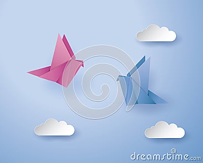 Origami birds on blue background with cloud Vector Illustration
