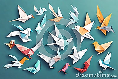 Origami birds. Stylized polygonal dove geometrical abstract shapes from clean paper vector animals isolated. Generated Ai Stock Photo