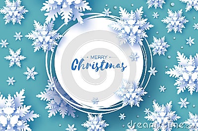 Origami Christmas Greetings card. Snowfall. Paper cut snow flake. Happy New Year. Winter snowflakes background. Circle Vector Illustration