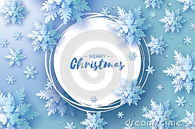 Origami Christmas Greetings card. Snowfall. Paper cut snow flake. Happy New Year. Winter snowflakes background. Circle Vector Illustration