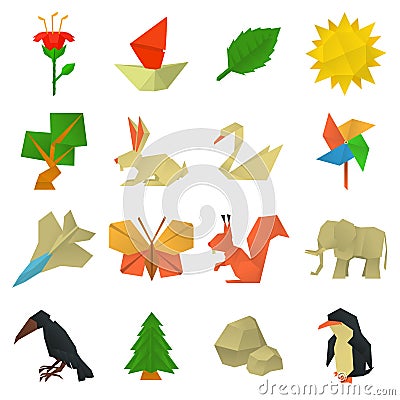 Origami craft icons set, cartoon style Vector Illustration