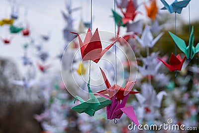 Cranes hung on a square as a symbol of peace on the 77 Anniversary of the Hiroshima Bombing Editorial Stock Photo