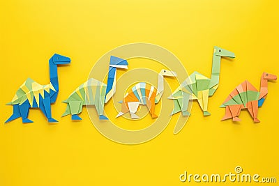 origami dinosaurs arranged in a row on a bright yellow background Stock Photo