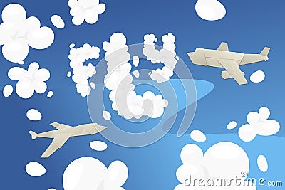 Origami flight transport, blue sky cutting paper flat vector illustration. Design origami for poster, banner and website Vector Illustration