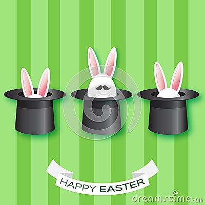 Origami Green Greeting card with Happy Easter - with white Easter rabbit with black mustache. Vector Illustration