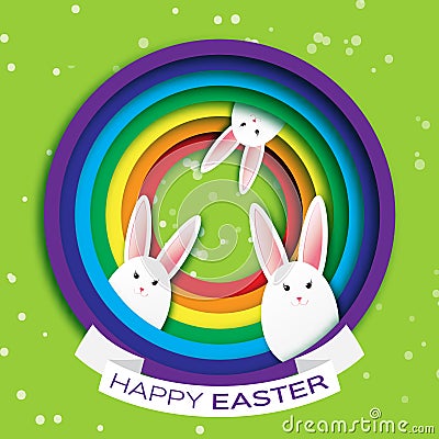 Origami Green Greeting card with Happy Easter - with White Easter rabbit with rainbow and ribbon. Vector Illustration