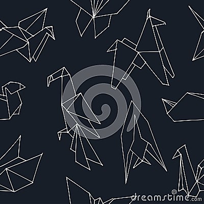 Origami hand drawn doodle seamless pattern. Vector illustration of figures from paper Vector Illustration