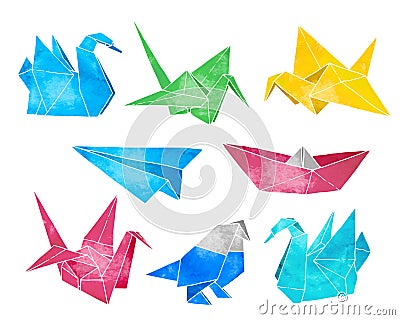 Origami hand drawn vector set, watercolor style Vector Illustration