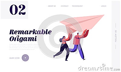 Origami Hobby or New Business Start Up Launching Website Landing Page. Happy Couple Running with Paper Airplane Vector Illustration