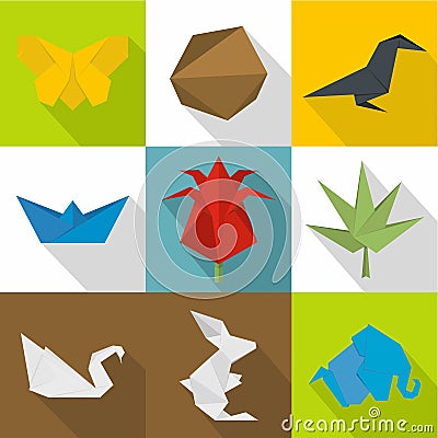 Origami icons set, cartoon style Vector Illustration