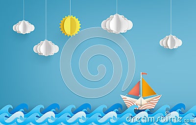 Origami made colorful paper sailing boat. Vector Illustration